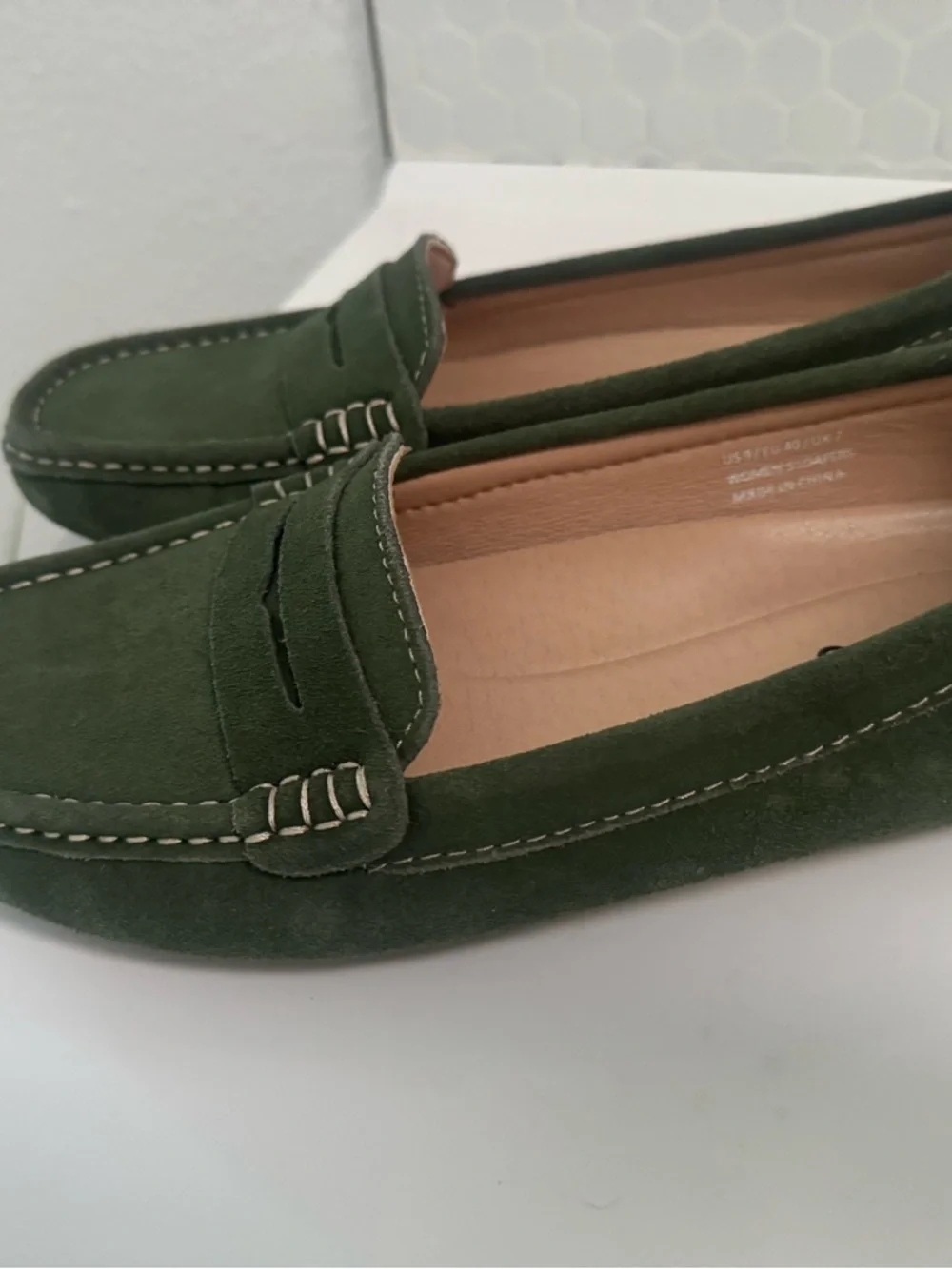 Womens Olive Suede Penny Loafers - Slip-On Comfort
